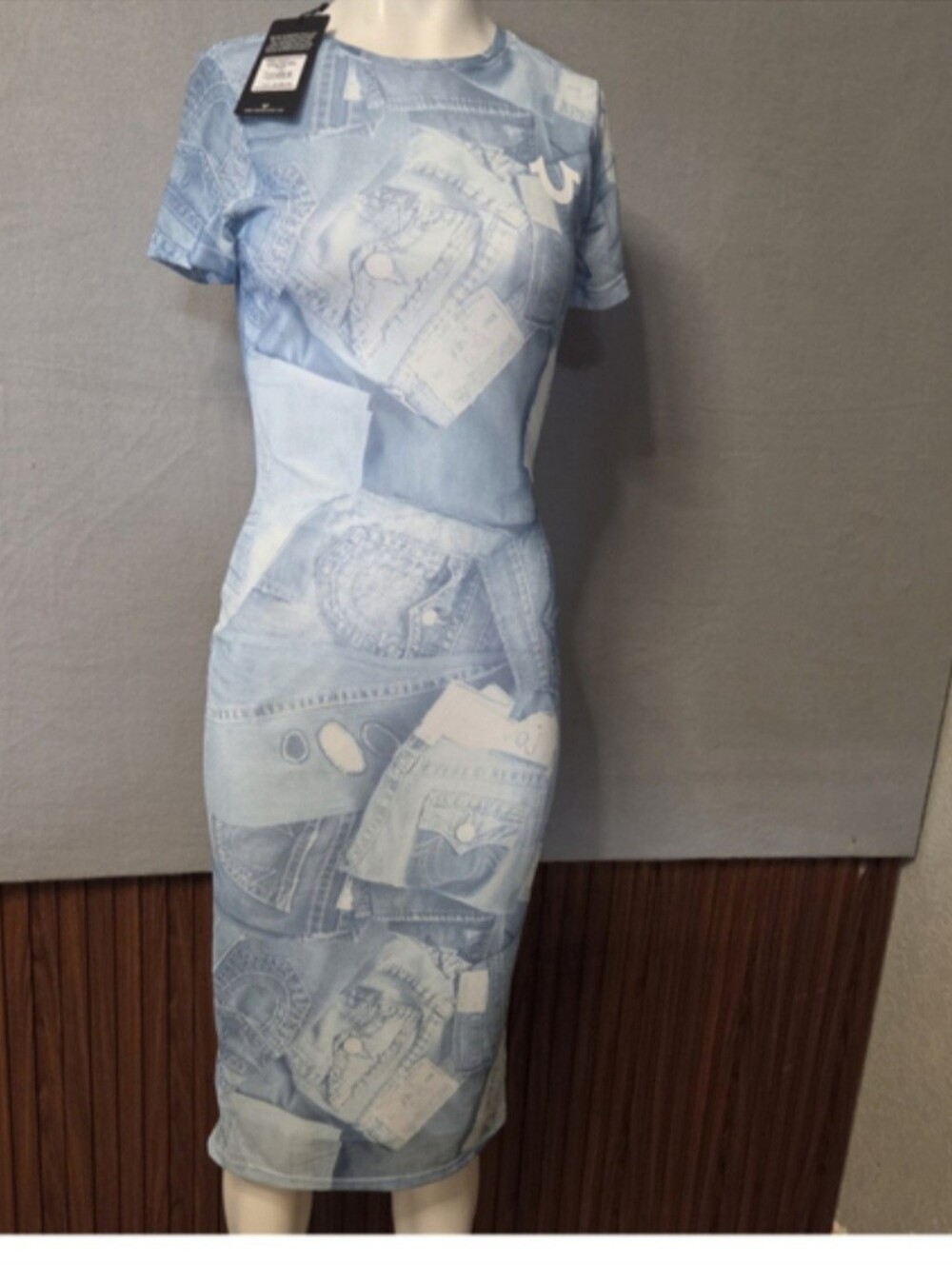 True Religion Denim Print Midi Dress Size S Blue White